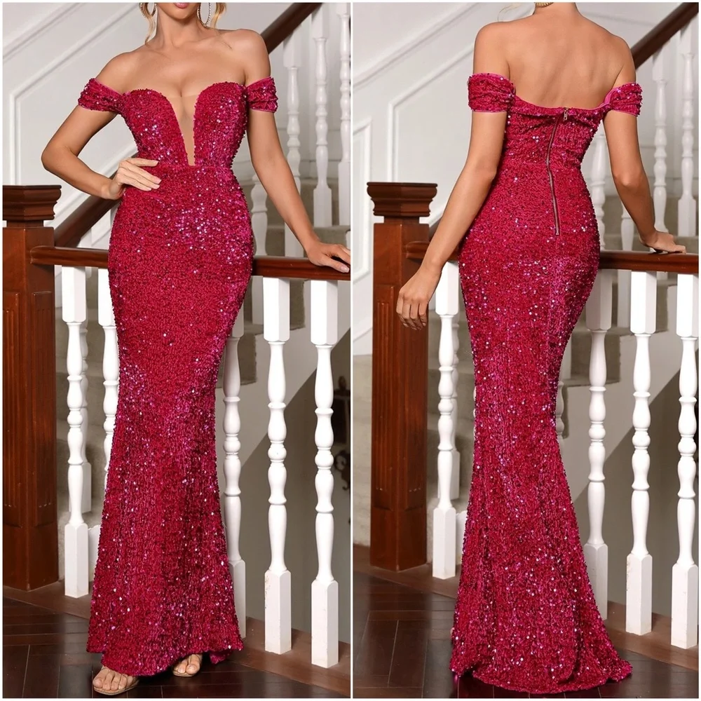 Luxurious Off Shoulder Sequin Evening Formal Wedding Dress - Picture 6 of 6